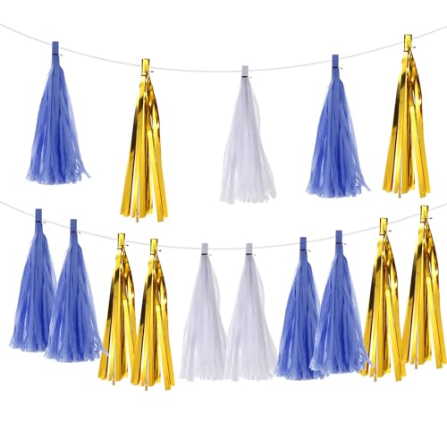 sourcing map 15Stk Dunkel Blau Weiß Gold Quaste Girlande Banner mit Seil Seidenpapier Quasten Party Quasten Bastel Set für Hochzeit Geburtstag Party Deko von sourcing map