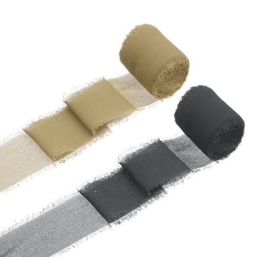 sourcing map 2 Rollen Chiffonband, 3,8 cm x 4,5 m, handgefertigtes Fransenband aus Seide für Blumenstrauß, Verpackung, Hochzeitsdekoration, Brautschmuck, Basteln, Hellkhaki/Dunkelgrau von sourcing map