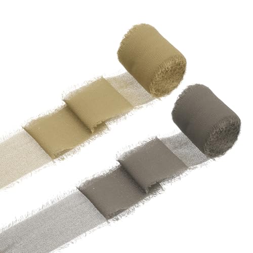 sourcing map 2 Rollen Chiffonband, 3,8 cm x 4,5 m, handgefertigtes Fransenband aus Seide für Blumenstrauß, Verpackung, Hochzeitsdekoration, Brautschmuck, Basteln, Khaki/dunkles Khaki von sourcing map