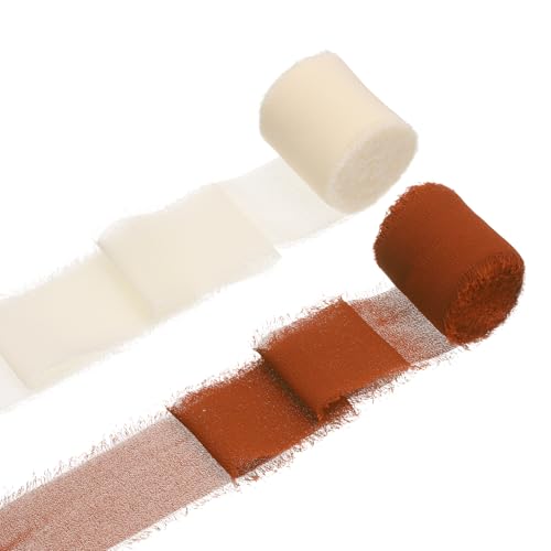 sourcing map 2 Rollen Chiffonband, 3,8 cm x 4,5 m, handgefertigtes Fransenband aus Seide für Blumenstrauß, Verpackung, Hochzeitsdekoration, Brautschmuck, Basteln, Orange/Creme von sourcing map