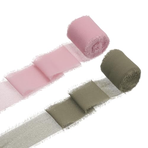 sourcing map 2 Rollen Chiffonband, 3,8 cm x 4,5 m, handgefertigtes Fransenband aus Seide für Blumenstrauß, Verpackung, Hochzeitsdekoration, Brautschmuck, Basteln, Rosenrosa/dunkles Khaki von sourcing map