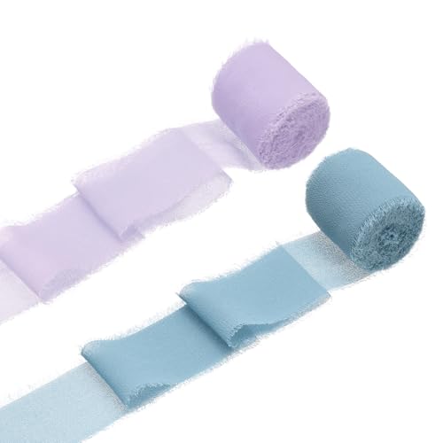 sourcing map 2 Rollen Chiffonband, 3,8 cm x 4,5 m, handgefertigtes Fransenband aus Seide für Blumenstrauß, Verpackung, Hochzeitsdekoration, Brautschmuck, Basteln, lila/blau von sourcing map