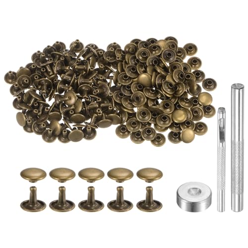 sourcing map 200 Sets Ledernieten, 10 mm x 8 mm, Metall-Doppelkappen-Nieten, Druckknöpfe mit 3 Setzwerkzeugen, Nieten für Lederhandwerk, DIY-Reparatur, Dekoration, Bronze von sourcing map