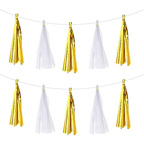 sourcing map 20Stk Gold Weiß Quaste Girlande Banner mit Seil Seidenpapier Quasten Party Quasten Bastel Set für Hochzeit Geburtstag Party Deko von sourcing map