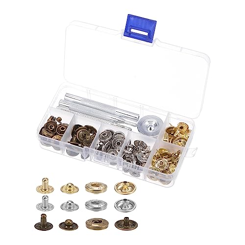 sourcing map 30 Set Schnellverschlüsse Kit 12.5mm Metall Presse Nieten Knöpfe mit 4 Einrichter Werkzeuge und Lagerbox für Bekleidung Leder Nähen von sourcing map