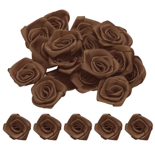 sourcing map 50 Stück 3 cm Band Rosen Satinband Blume Rose Künstliche Stoffblumen für DIY Handwerk Zubehör Nähen Verpacken Hochzeit Geschenk Dekoration, Braun von sourcing map