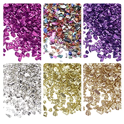 sourcing map 6 Farben Crushed Glass Chips, 1-4mm Unregelmäßiges Glitzer-Metallic-Glas zum Basteln DIY Vasenfüller Epoxidharz-Dekoration 28 g golden Farbtone Violette Farbserie von sourcing map