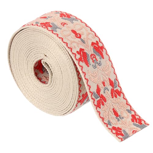 sourcing map Baumwoll-Gurtband, 50 mm, Jacquard-Gurtband, Polyester-Gurtband, Blumenmuster, Geldbörsenriemen für Geldbörse, Tasche, Handwerk, Kleidung, 4,5 m, Beige-Rot von sourcing map