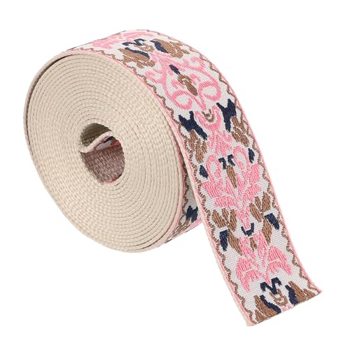 sourcing map Baumwoll-Gurtband, 50 mm, Jacquard-Gurtband, Polyester-Gurtband, Blumenmuster, Geldbörsenriemen für Geldbörse, Tasche, Handwerk, Kleidung, Rosa-Beige von sourcing map