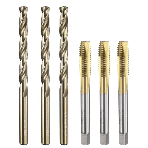 sourcing map Gewindeschneider- und Bohrer-Set, 3 Stück, M8 x 1,25, metrische Spiralspitze, Gewindebohrer und 3 x 6,8 mm Spiralbohrer, titanbeschichtet/geröstetes Gelb, HSS-6542/M35 HSS-CO von sourcing map