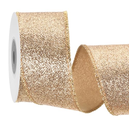 sourcing map Glitzerband mit Draht, 4 cm, hellgold, glitzernd, schillernd, 4,5 m, für Weihnachtsbaumkranz, Dekoration, Geschenkverpackung, mit metallischem Rand von sourcing map