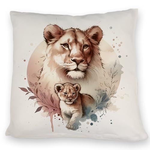 Löwin mit Baby Kissen Löwin Jungtier ZierKissen Raubkatze Mutter-Kind Motiv Säugetier Tierfamilie DekoKissen Kuscheliges Löwe Baby Geschenk von speecheese