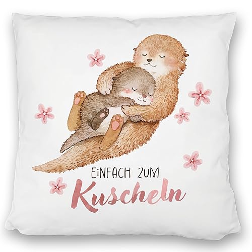 Otter Baby und Mutter Kissen satiniert mit Spruch Einfach zum Kuscheln Muttertag niedliche Liebe DekoKissen satiniert KuschelKissen satiniert Frauen Familie Fischotter von speecheese