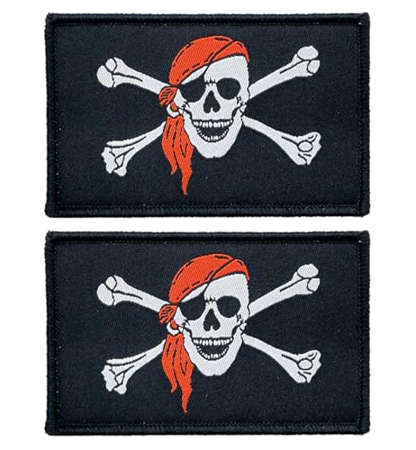 stidsds 2 Stück Piraten-Aufnäher mit Jolly Roger-Flagge, rot, Piraten-Flaggen, bestickte Flicken, Piraten-Flaggen, Militär-Flaggen, taktischer Klettverschluss von stidsds