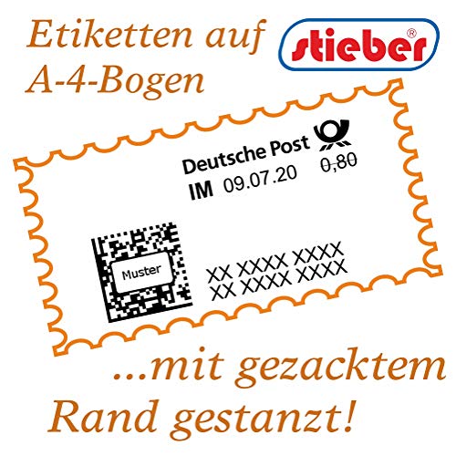 Gezackte Etiketten für Internetmarke NEU! 24 Stück vorgestanzt auf A4-Bogen, ca. 51×26 mm (10) von stieber