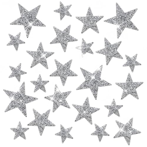 suaywo 24 Stück Silber Aufbügler Strass Bügelbilder Glitzer Patches Aufnäher Applikation Zum Aufbügeln Geeignet für Kleidung, Jeans, Rucksäcke, Hüte, Taschen, Schuhe, DIY, 8/6/4 cm von suaywo