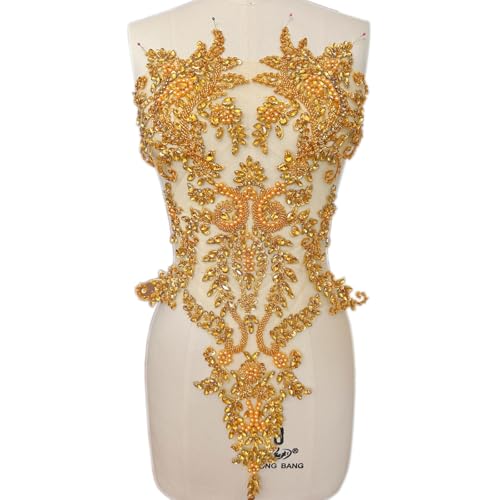 Handgefertigte Mieder-Strass-Applikation, Nähen, Glasperlen, Steine, Kristallbesatz, Spitzenaufnäher für Kleid, Kleidung, Accessoires, 34 x 63 cm (Gold) von succi shan