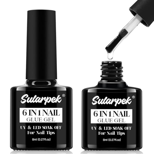 Sularpek 2 PCS 8ml Nagelkleber für Kunstnägel, 6 in 1 Clear Extra Stark Nail Glue, UV Nagel Kleber, Gel Nagelkleber for Nail Tips Press on Nail Fake Nails-Brauchen Ausharten Unter UV Nagellampe von sularpek