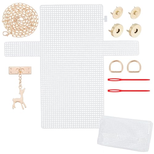 sundrerfect Häkelnetz-Taschen-Kit,taschen häkeln zubehör,Kunststoff-Mesh-Taschenböden mit Dekoration, für Handtaschen, Schulterketten und Nähen, tasche häkeln set von sundrerfect