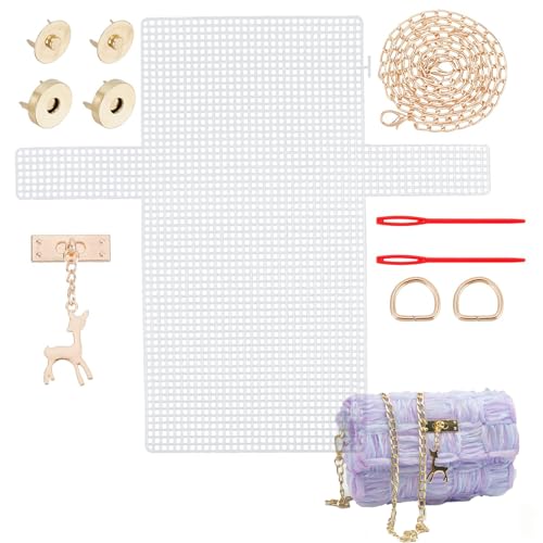 sundrerfect Häkelnetz-Taschen-Kit,taschen häkeln zubehör,Kunststoff-Mesh-Taschenböden mit Dekoration, für Handtaschen, Schulterketten und Nähen, tasche häkeln set von sundrerfect