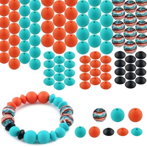 Sunrony Silikonperlen, 12 mm, 15 mm, Silikonperlen für Schlüsselanhänger, 12 mm Silikon-Linsenperlen für Stifte und orangefarbene Druck-Silikonperlen für Armbänder, Basteln, 100 Stück von sunrony