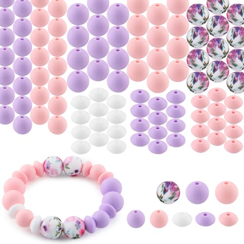 Sunrony Silikonperlen, 12 mm, 15 mm, Silikonperlen für Schlüsselanhänger, 12 mm Silikonlinsenperlen für Stifte und rosa Blumendruck, Silikonperlen für Armbänder, Basteln, 100 Stück von sunrony