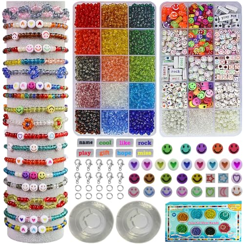 Perlen Armbänder Selber Machen 6000 Stück Mini Perlen Set für Armbander Glas Bunte Perlen Zum Auffädeln + Smiley Perlen Zum Auffädeln Mit Armband Schnur Elastisch für Frauen,Kinder,Erwachsene,Damen von suo long