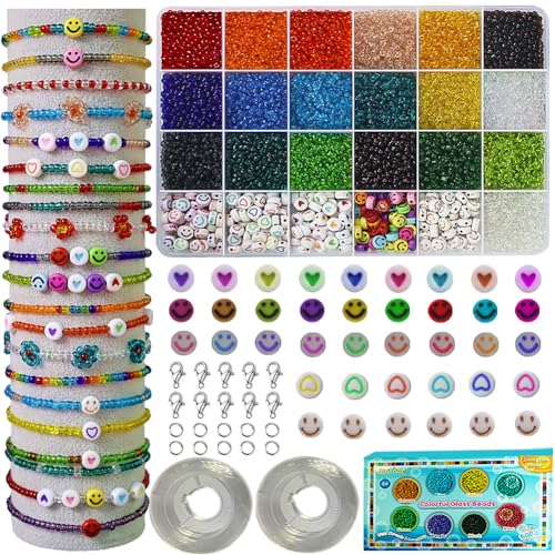 suo long Perlen Armbänder Selber Machen 5000 Stück Mini Perlen Set für Armbander Glas Bunte Perlen Zum Auffädeln + Smiley Perlen Zum Auffädeln Mit Armband Schnur Elastisch für Frauen,Erwachsene,Damen von suo long