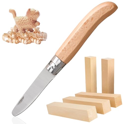 svpfuo 6 Stück Set Schnitzmesser Kinder, Schnitzset Kinder, Kinder Schnitzmesser, Klappbares Messer mit Fünf Schnitzholz Teilen, Geeignet für das Einführungslernen in das Gravieren (A) von svpfuo