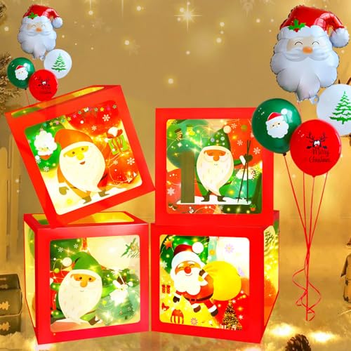 Set mit 4 Weihnachtsdekorationen für den Innenbereich, beleuchtete Geschenkboxen, klare Weihnachtsballonboxen mit LED-Lichterketten, beleuchtete Weihnachtsbox, niedliche Weihnachtsmann-Dekoration für von sweet lion