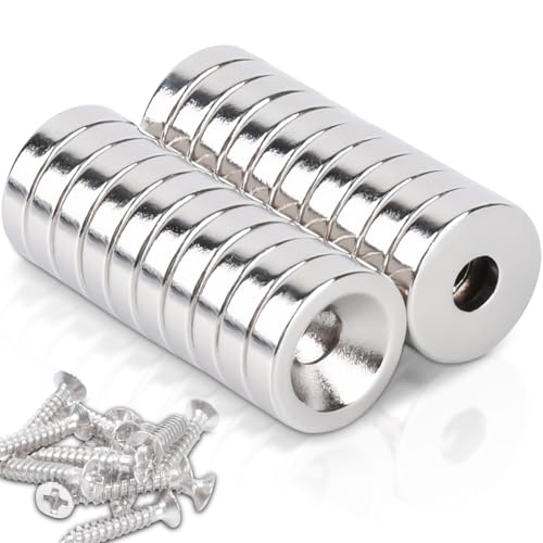 Neodym Magnete Extra Stark 12x3 mm Blende 4mm, 20 Stück Topfmagnet mit Schrauben, Neodym Magnete Mit Loch Klein Starke Magnet Flach für Küchen Kühlschrank, Lager, Büros von swihorab