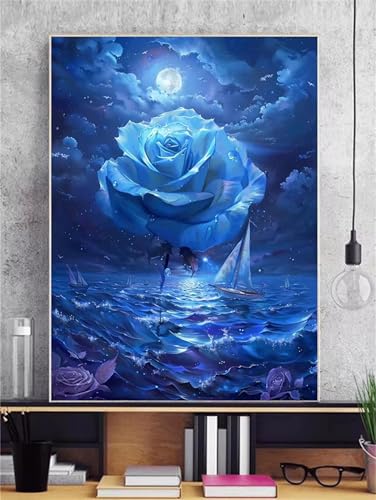 taesdvry Blaue Blumenlandschaft Diamond Painting Kits Für Erwachsene, 5D Diamond Art Kits Für Anfänger,Round Drill DIY Vollbohrerbild Mit Diamant Malerei Bilder Home Wand Dekor 25x45cm von taesdvry