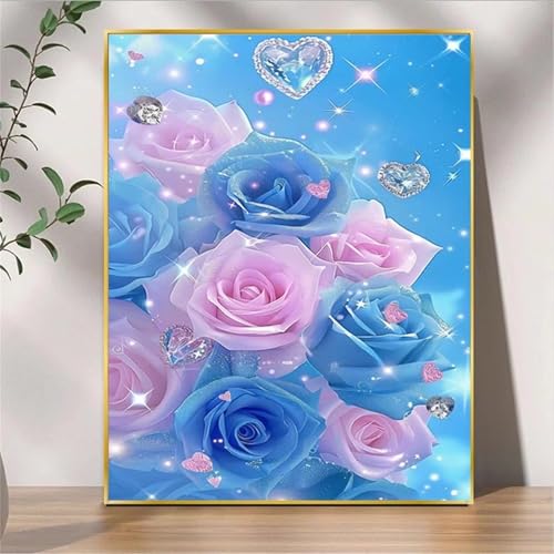 taesdvry Blaue rosa Blume Diamond Painting Kits Für Erwachsene, 5D Diamond Art Kits Für Anfänger,Round Drill DIY Vollbohrerbild Mit Diamant Malerei Bilder Home Wand Dekor 60x80cm von taesdvry