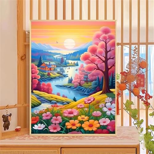 taesdvry Bunte Blumenlandschaft Diamond Painting Kits Für Erwachsene, 5D Diamond Art Kits Für Anfänger,Round Drill DIY Vollbohrerbild Mit Diamant Malerei Bilder Home Wand Dekor 40x60cm von taesdvry