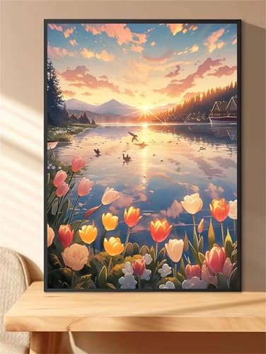 taesdvry Diamond Painting Set für Erwachsene,Sonnenuntergang Tulpen Diamond Art Erwachsene Full DIY Diamant Kunst Malerei Bilder Home Wand Dekor Square Drill 70x90cm von taesdvry