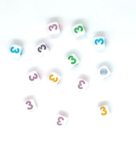 50 Stück 6 mm Würfel weiß mit bunten Einzelzahlen 0–9, Herzen, # Acrylperlen DIY Schmuckherstellung Perlenhandwerk (Nummer 3) von taffbeads