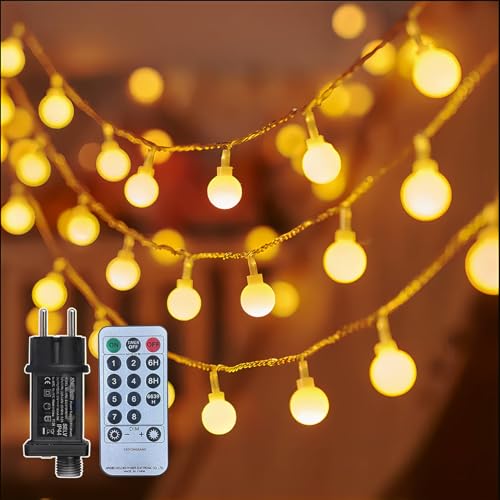 Warmweiß Kugel Lichterkette Strom Outdoor & Indoor, 25m 200LED Lichterketten für außen & innen mit Stecker, 8 Modi mit Fernbedienung | IP44-Wasserdicht | Garten, Balkon, Party, Pavillon, Hochzeit Deko von taiyongkang