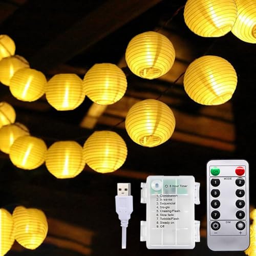 taiyongkang Lichterkette Lampions Außen, 6M 30 LED Laternen Lichterkette Aussen mit Batterie/Usb, 8 Modi Lampions Außen Wetterfest für Garten Balkon Terrasse Hochzeit, Warmweiß von taiyongkang