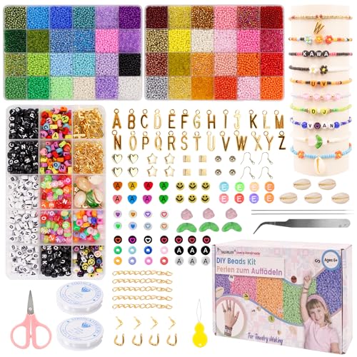 talerluv Perlen Set 3mm Perlen für Armbänder Perlen Set in 48 Farben - 24600 Perlen zum Auffädeln inkl. 450 Buchstabenperlen und 26 Buchstaben-Anhängern,Perfekte Weihnachten & Geburtstag Geschenke von talerluv