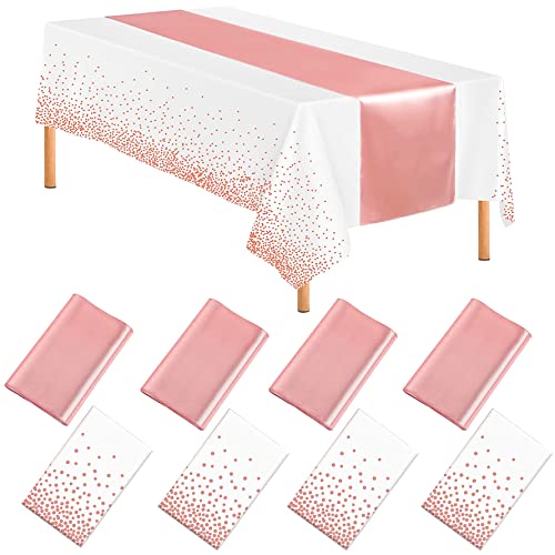 Tamseen Einweg Tischdecken, 8 Stück Roségold Polka Dot Disposable Tablecloth, 4 PCS 137 x 274 cm Rechteckige Plastiktischdecke und 4 PCS Satin-Tischläufer 30 x 274 cm für Hochzeiten Geburtstag Party von tamseen