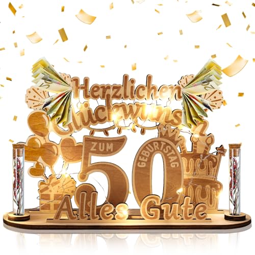 taonganui 50 Geburtstag Frau Männer Geldgeschenk 50 Geburtstag, Holz Schild Gästebuch 50 Geburtstag mit LED Lichterkette Geschenke zum 50 Geburtstag Personalisiertes Geschenke Holz 50. Geburtstag Deko von taonganui