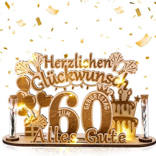 taonganui 60 Geburtstag Frau Männer Geldgeschenk 60 Geburtstag, Holz Schild Gästebuch 60 Geburtstag mit LED Lichterkette Geschenke zum 60 Geburtstag Personalisiertes Geschenke Holz 60. Geburtstag Deko von taonganui