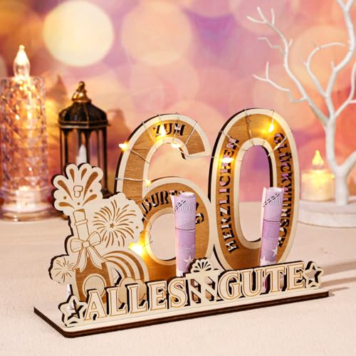 taonganui Geldgeschenk 60.Geburtstag,Holz-Schild Gästebuch 60 Geburtstag mit LED Lichterkette, Holz 60.Geburtstag Deko Männer Frauen, Kreatives Geldgeschenke zum Jubiläum von taonganui