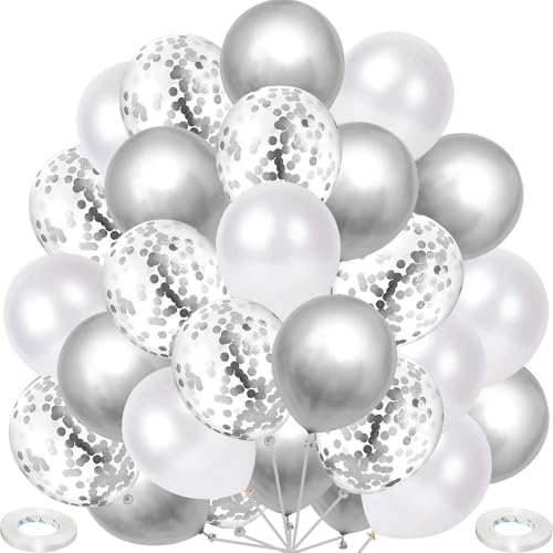 60 Stück Luftballons Silber Weiß, Helium Weiß Ballons Matellic Silber Balloons Konfetti Luftballon für Hochzeit Kinder Geburtstag Taufe Party Dekoration von tarumedo