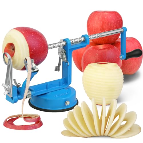 Apfelschäler Slicer Corer 3 in 1, Kartoffelschäler, Edelstahl, robust, mit Saugnapfboden (blau) von tatida