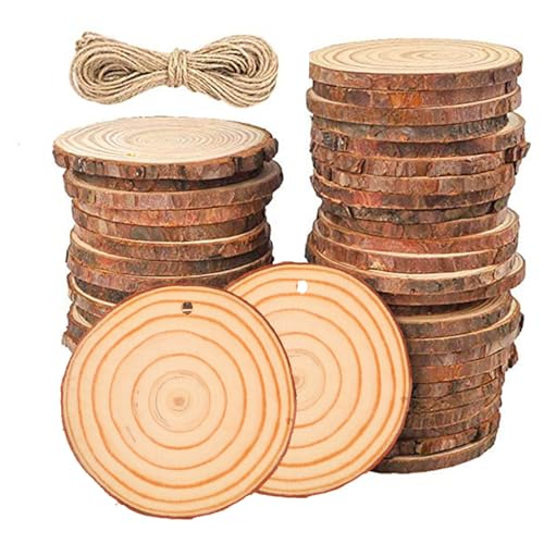 Unvollendete Holzholzscheiben 50pcs 2,8-3,3 Zoll Weihnachtsblockscheiben Unvollendete vorgeschaltete Holzscheiben rund DIY-Holzkreise mit Schnur für Weihnachtskunsthandwerksvorräte von tddouck