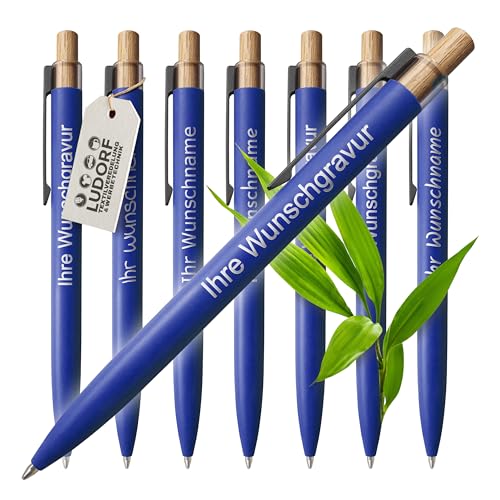 #teamludorf - 50x Aluminium Kugelschreiber mit Lasergravur - Metallclip, Bambusdrücker, blau schreibend - personalisiertes Werbegeschenk, Farbe:Blau, Menge:50 Stück von #teamludorf