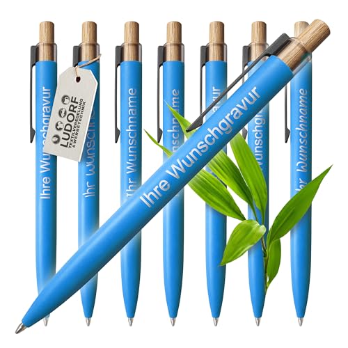 #teamludorf - 50x Aluminium Kugelschreiber mit Lasergravur - Metallclip, Bambusdrücker, blau schreibend - personalisiertes Werbegeschenk, Farbe:Hellblau, Menge:50 Stück von #teamludorf