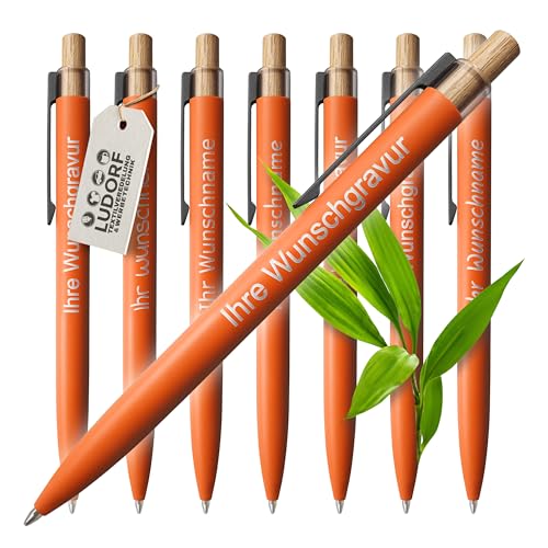 #teamludorf - 50x Aluminium Kugelschreiber mit Lasergravur - Metallclip, Bambusdrücker, blau schreibend - personalisiertes Werbegeschenk, Farbe:Orange, Menge:50 Stück von #teamludorf