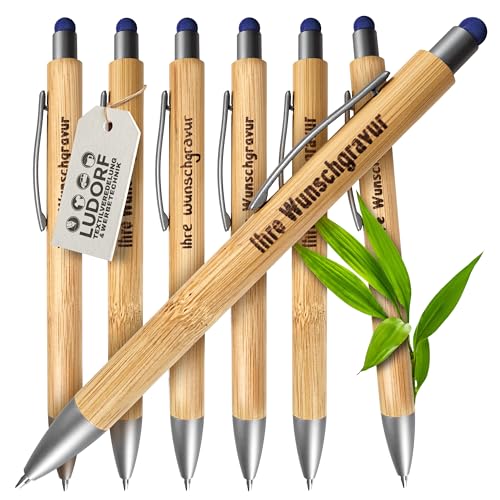 #teamludorf - 50x Bambus Kugelschreiber mit Touchfunktion mit Lasergravur, Umweltfreundlich, Blaue Mine - Ideal für Werbegeschenke Personalisierbar, Farbe: Blau von #teamludorf